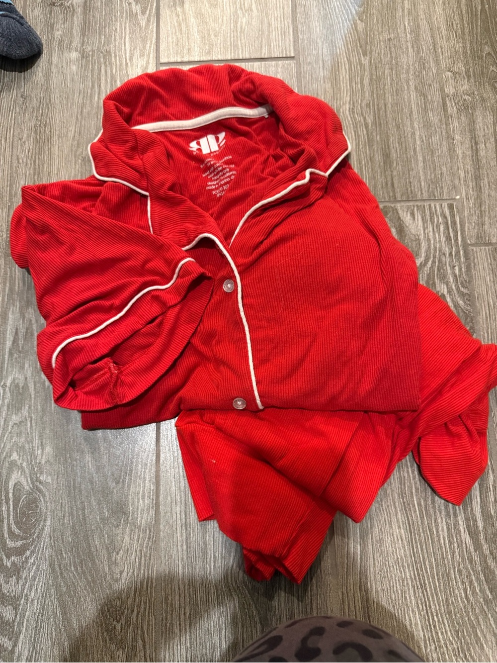 Women’s Red Ribbed Pajama Set with Contrast Piping